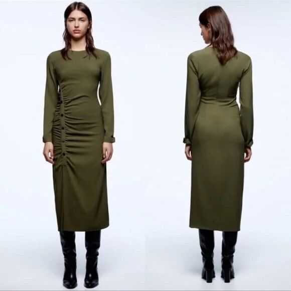 ZARA Midi Draped Ruched Dress Buttons Long Sleeve - Picture 1 of 1